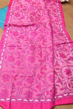 Blue Plain Silk Suit With Pink Hand Embroidered Bangalore Silk Dupatta - Luxurion World