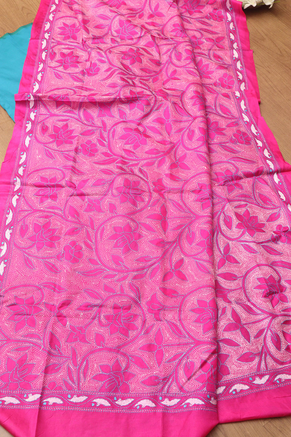 Blue Plain Silk Suit With Pink Hand Embroidered Bangalore Silk Dupatta - Luxurion World