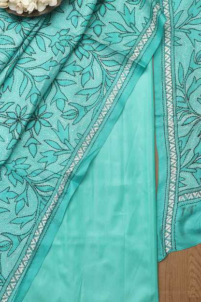 Sea Green Plain Silk Suit With Blue Hand Embroidered Bangalore Silk Dupatta - Luxurion World