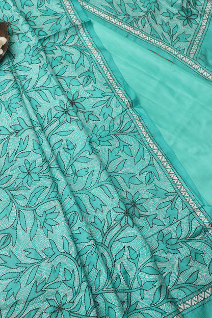 Sea Green Plain Silk Suit With Blue Hand Embroidered Bangalore Silk Dupatta - Luxurion World