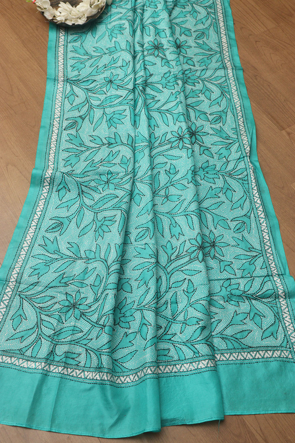 Sea Green Plain Silk Suit With Blue Hand Embroidered Bangalore Silk Dupatta - Luxurion World