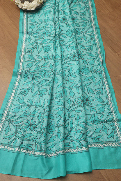 Sea Green Plain Silk Suit With Blue Hand Embroidered Bangalore Silk Dupatta - Luxurion World