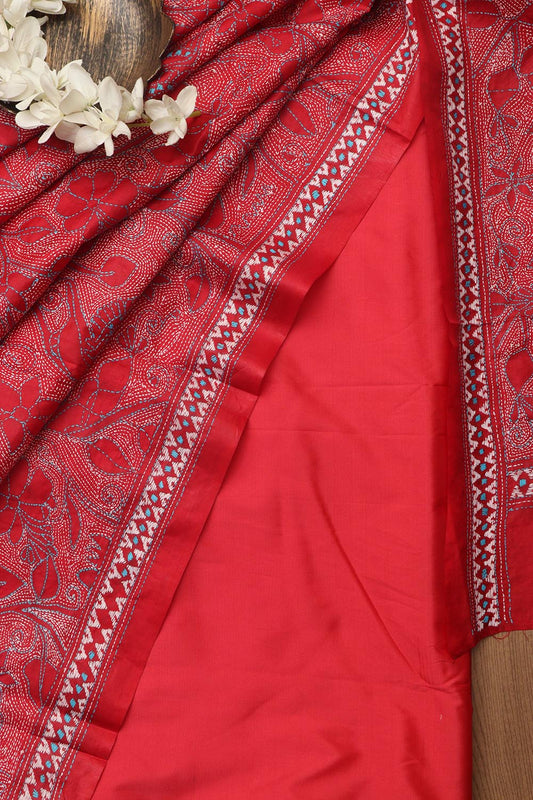 Reddish Pink Plain Silk Suit With Red Hand Embroidered Bangalore Silk Dupatta - Luxurion World