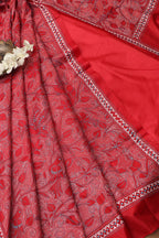 Reddish Pink Plain Silk Suit With Red Hand Embroidered Bangalore Silk Dupatta - Luxurion World