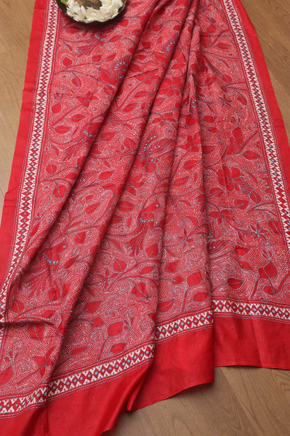 Reddish Pink Plain Silk Suit With Red Hand Embroidered Bangalore Silk Dupatta - Luxurion World