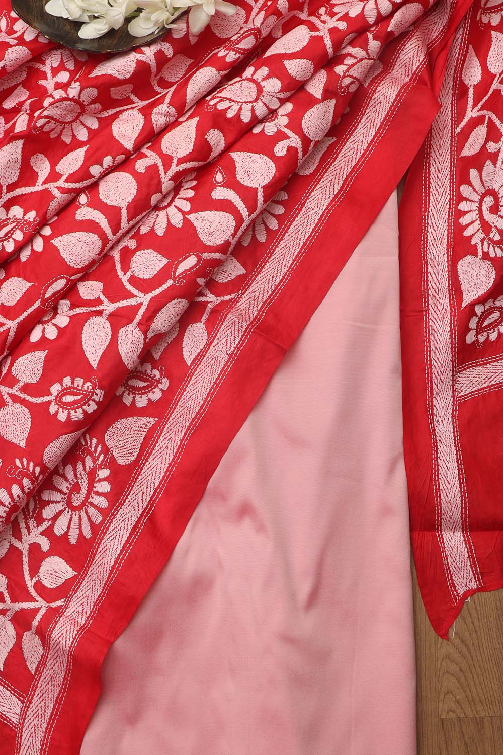 Pink Plain Silk Suit With Red Hand Embroidered Bangalore Silk Dupatta - Luxurion World