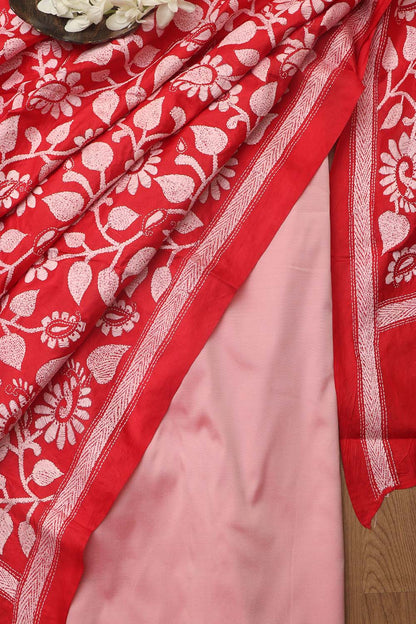 Pink Plain Silk Suit With Red Hand Embroidered Bangalore Silk Dupatta - Luxurion World