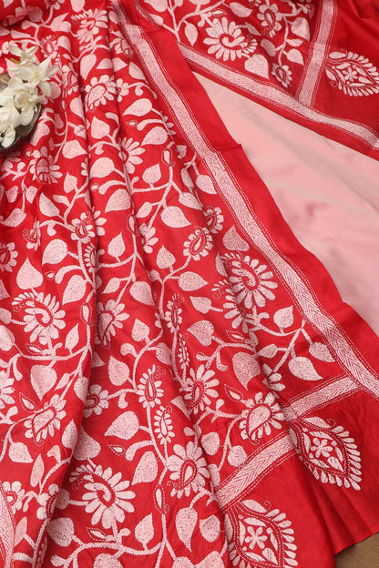 Pink Plain Silk Suit With Red Hand Embroidered Bangalore Silk Dupatta - Luxurion World