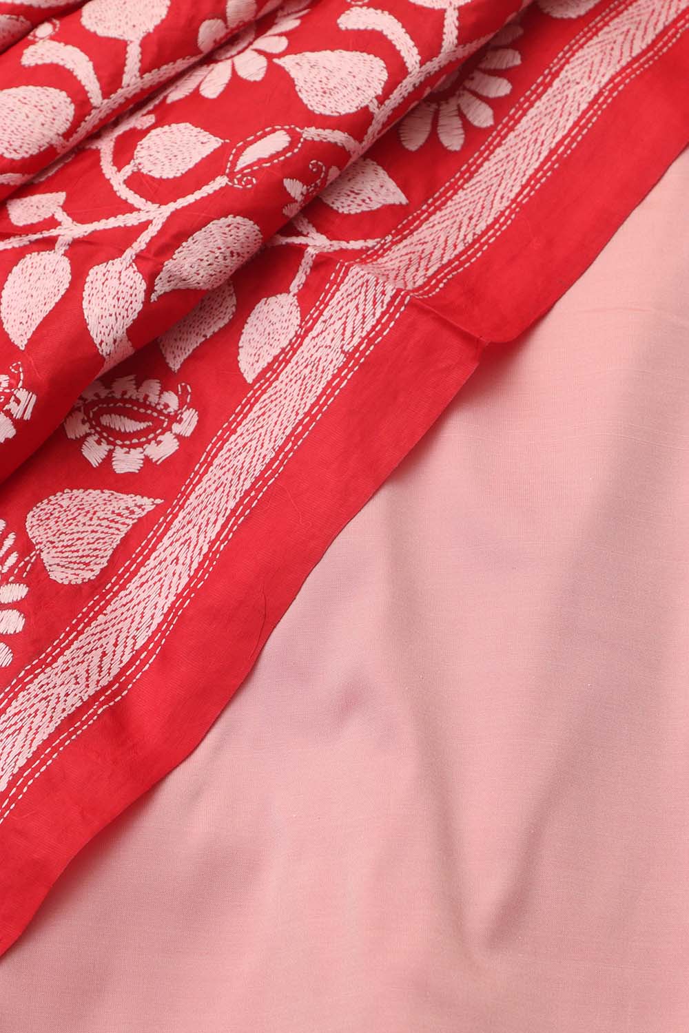 Pink Plain Silk Suit With Red Hand Embroidered Bangalore Silk Dupatta - Luxurion World