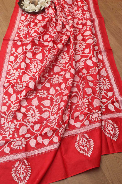 Pink Plain Silk Suit With Red Hand Embroidered Bangalore Silk Dupatta - Luxurion World