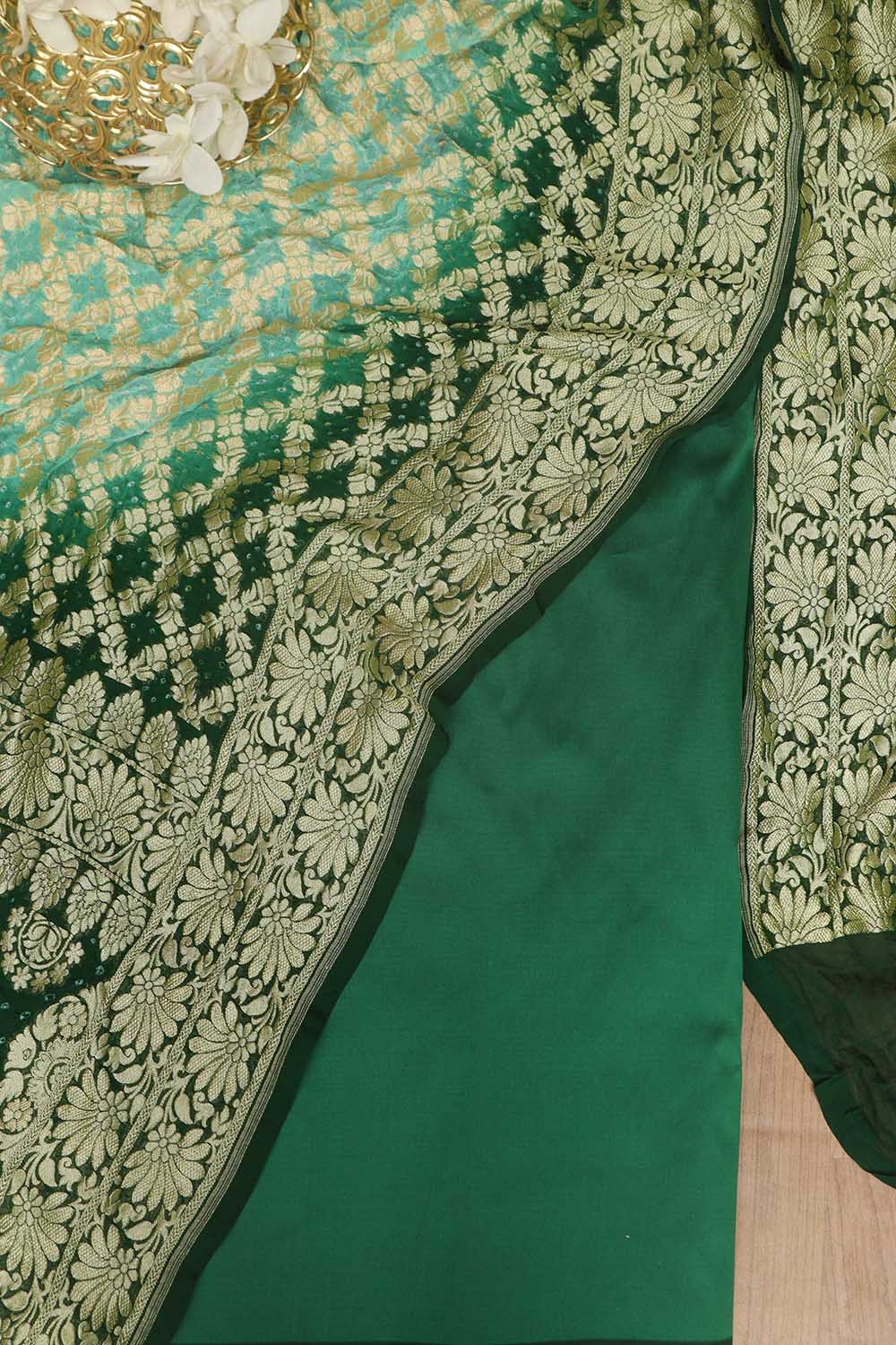 Green Plain Silk Suit With Blue & Green Banarasi Bandhani Pure Georgette Dupatta - Luxurion World