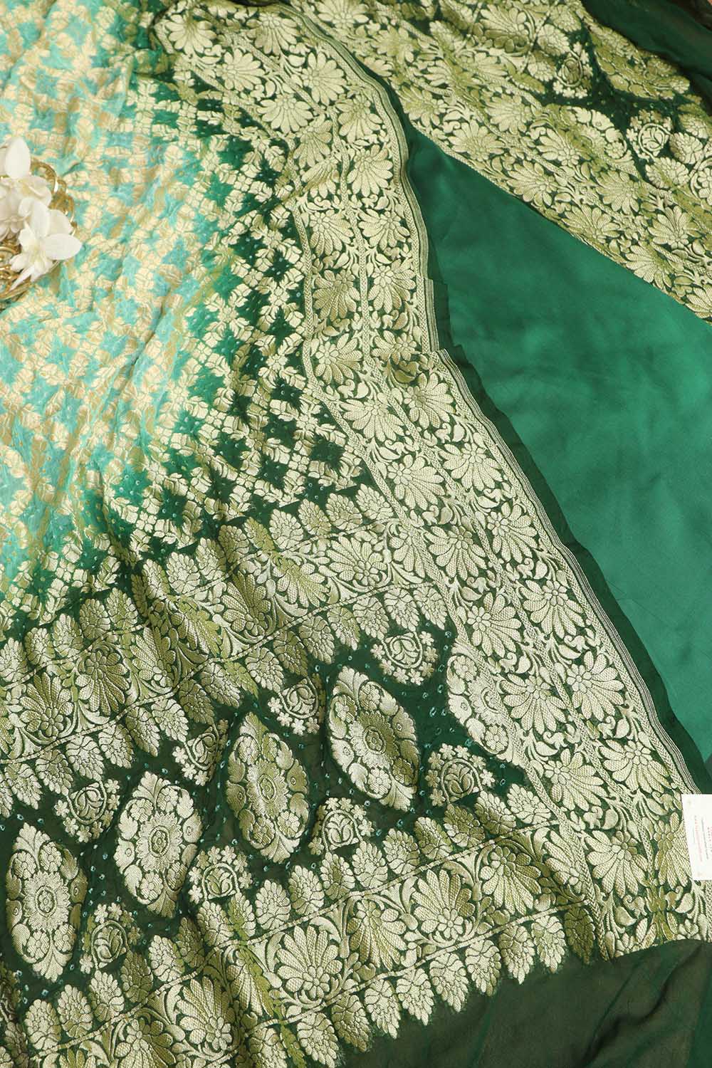 Green Plain Silk Suit With Blue & Green Banarasi Bandhani Pure Georgette Dupatta - Luxurion World
