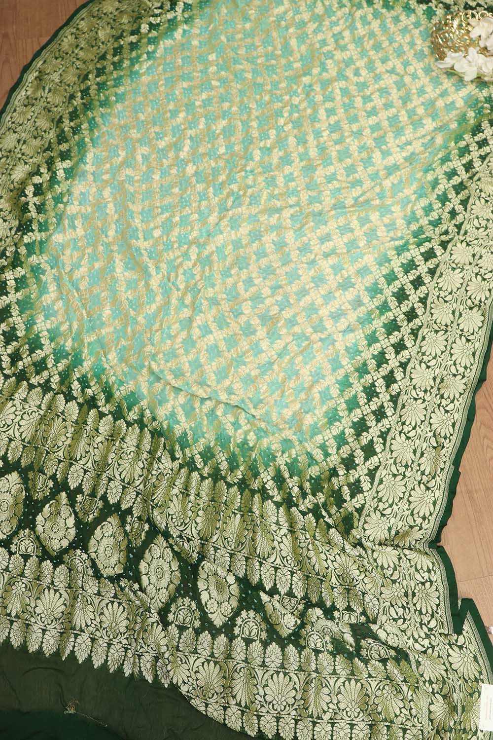 Green Plain Silk Suit With Blue & Green Banarasi Bandhani Pure Georgette Dupatta - Luxurion World