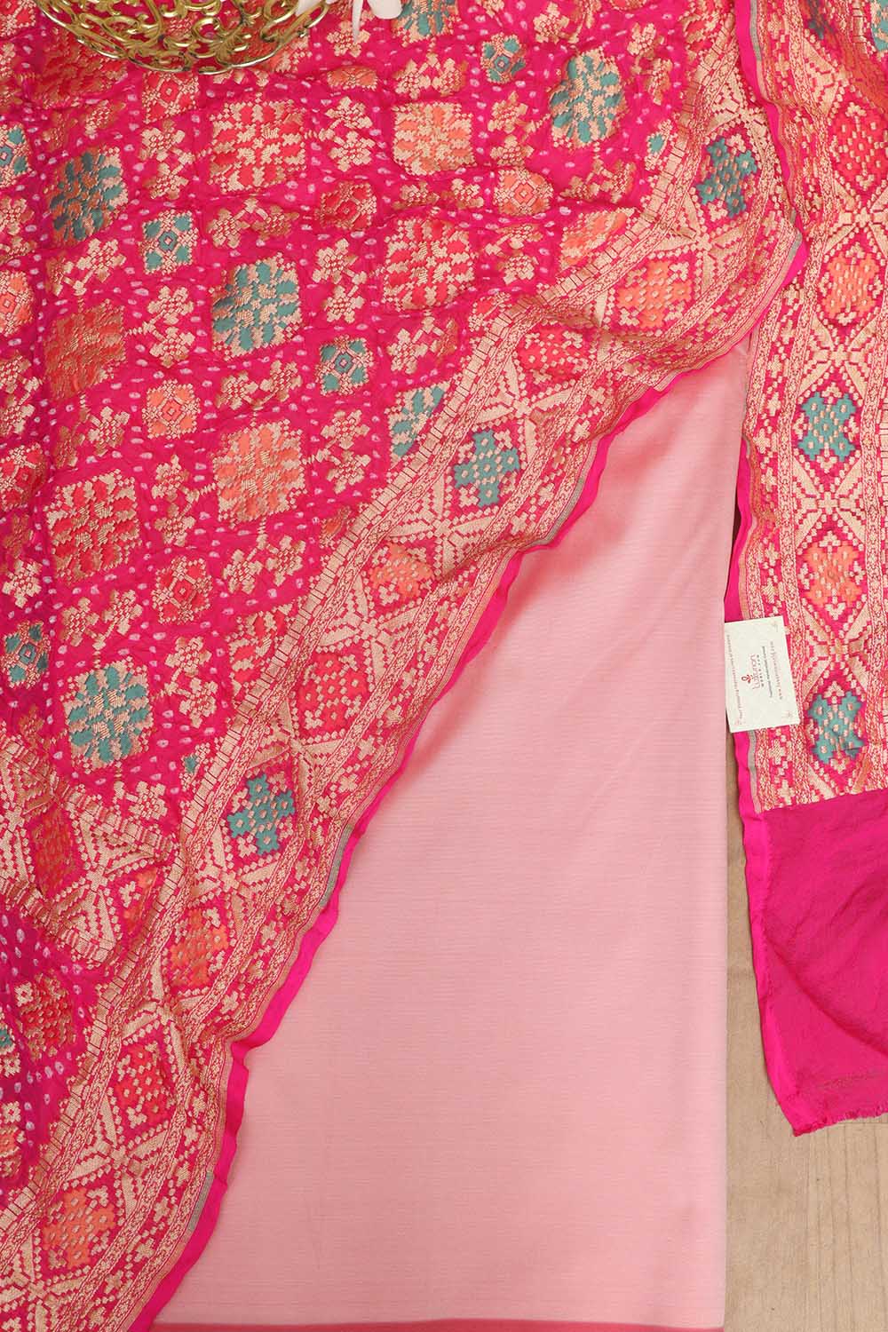 Stunning Pink Plain Silk Suit With Pink Banarasi Bandhani Pure Georgette Meenakari Dupatta - Luxurion World