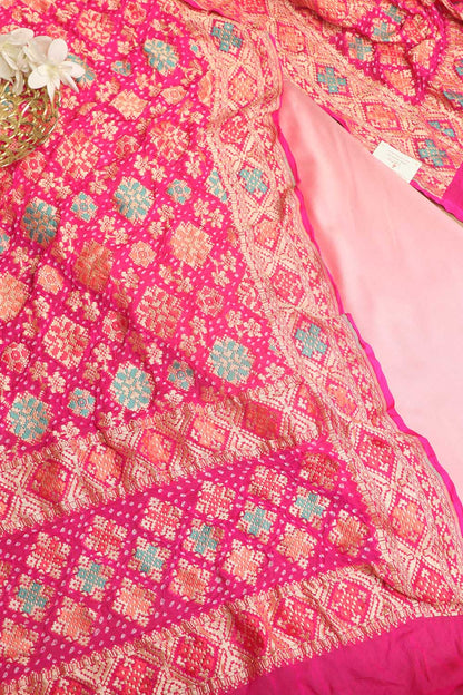 Stunning Pink Plain Silk Suit With Pink Banarasi Bandhani Pure Georgette Meenakari Dupatta - Luxurion World