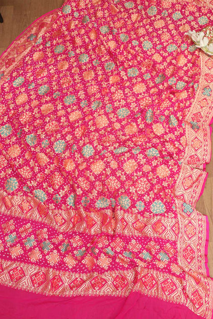 Stunning Pink Plain Silk Suit With Pink Banarasi Bandhani Pure Georgette Meenakari Dupatta - Luxurion World