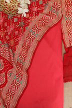 Reddish Pink Plain Silk Suit With Red Banarasi Bandhani Pure Georgette Meenakari Dupatta - Luxurion World