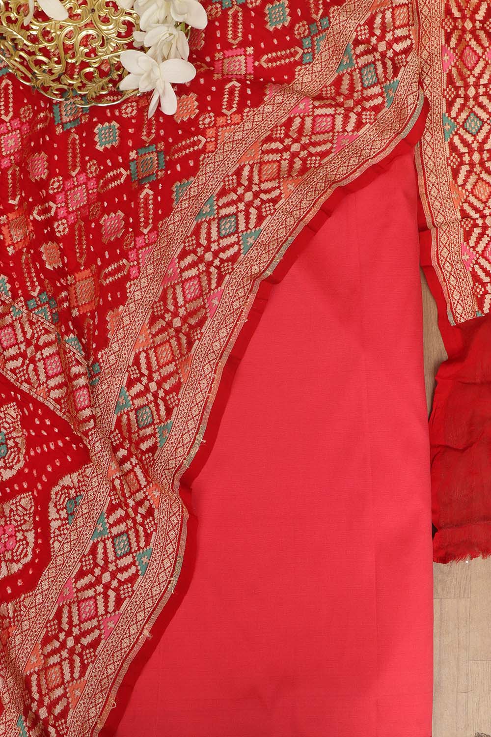 Reddish Pink Plain Silk Suit With Red Banarasi Bandhani Pure Georgette Meenakari Dupatta - Luxurion World