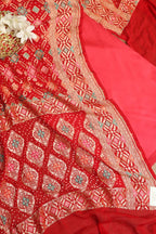 Reddish Pink Plain Silk Suit With Red Banarasi Bandhani Pure Georgette Meenakari Dupatta - Luxurion World