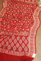 Reddish Pink Plain Silk Suit With Red Banarasi Bandhani Pure Georgette Meenakari Dupatta - Luxurion World