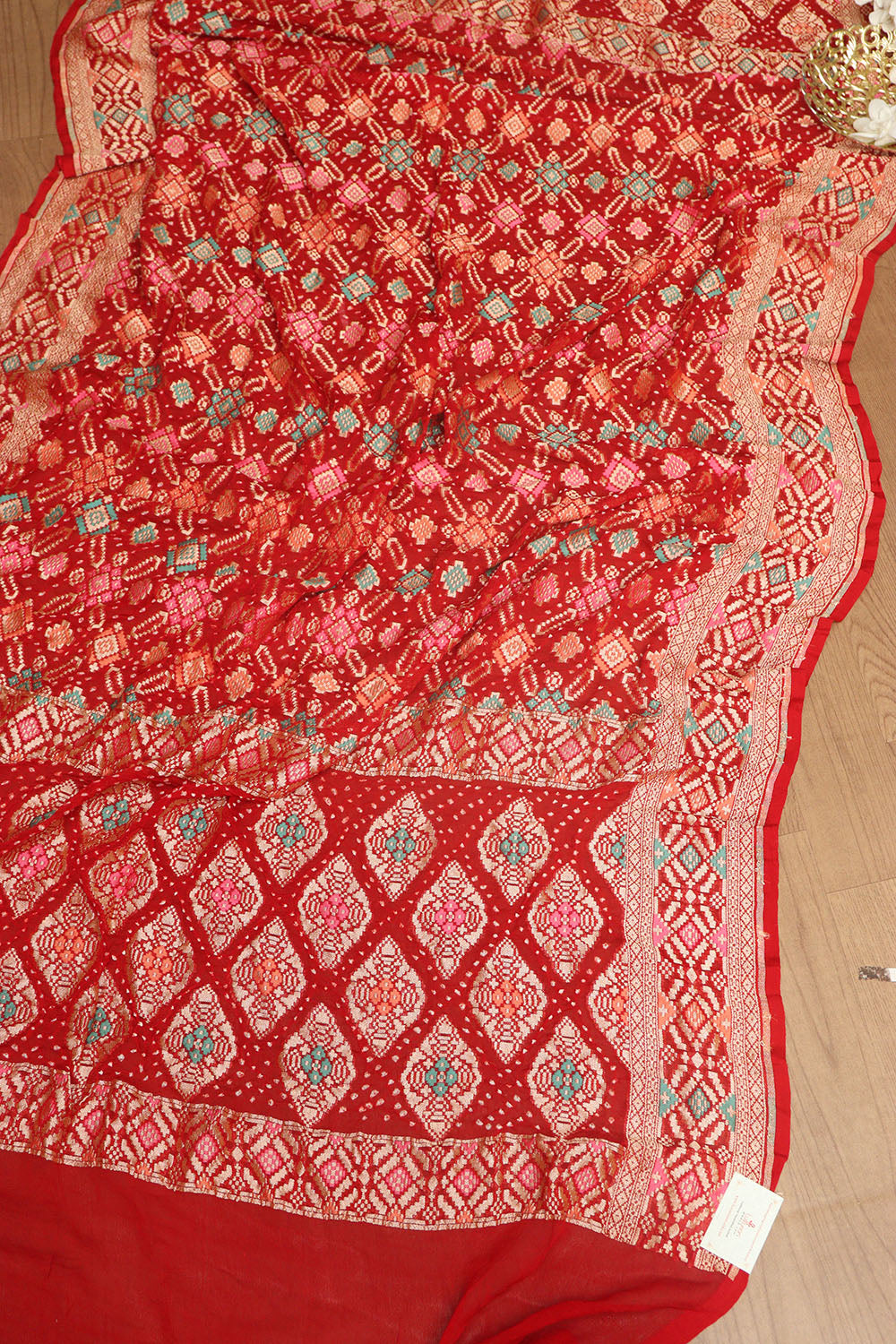 Reddish Pink Plain Silk Suit With Red Banarasi Bandhani Pure Georgette Meenakari Dupatta - Luxurion World