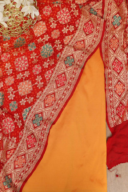 Yellow Plain Silk Suit With Red Banarasi Bandhani Pure Georgette Dupatta - Luxurion World