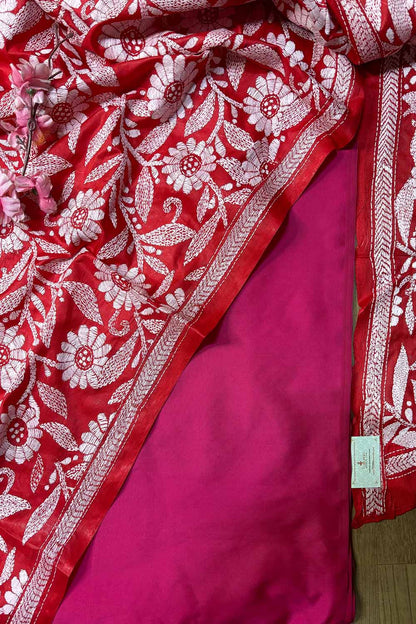Stunning Pink Plain Silk Suit With Red Hand Embroidered Flower Design Kantha Pure Silk Dupatta - Luxurion World