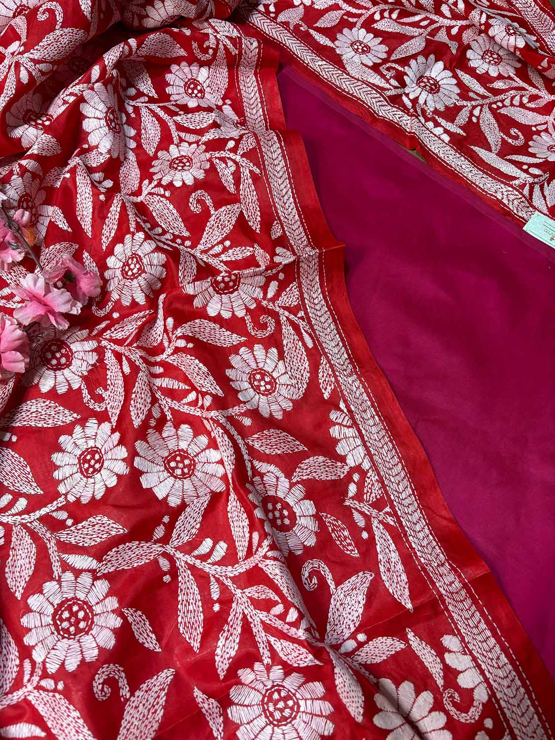 Stunning Pink Plain Silk Suit With Red Hand Embroidered Flower Design Kantha Pure Silk Dupatta - Luxurion World