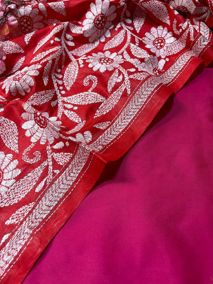 Stunning Pink Plain Silk Suit With Red Hand Embroidered Flower Design Kantha Pure Silk Dupatta - Luxurion World
