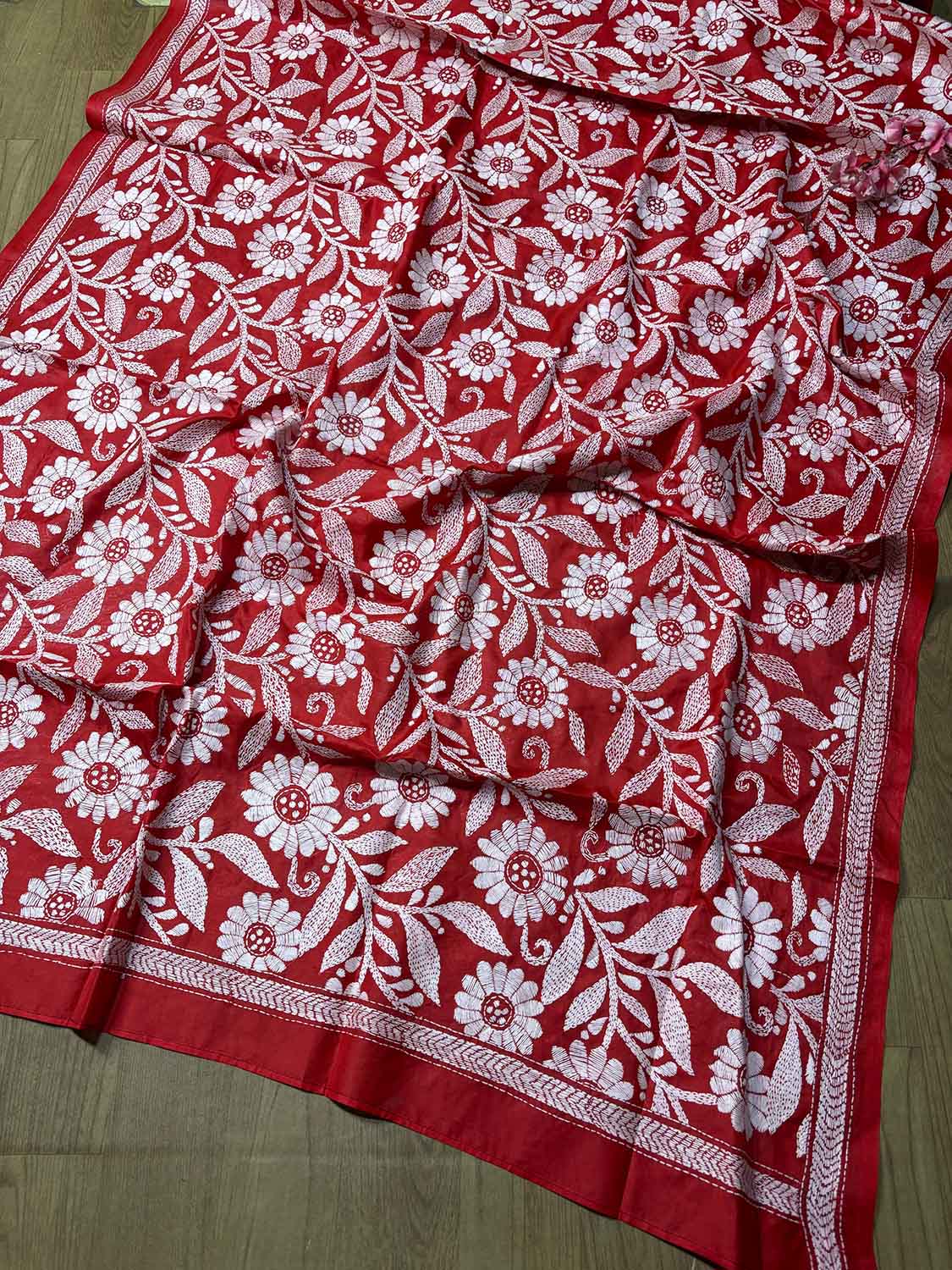 Stunning Pink Plain Silk Suit With Red Hand Embroidered Flower Design Kantha Pure Silk Dupatta - Luxurion World