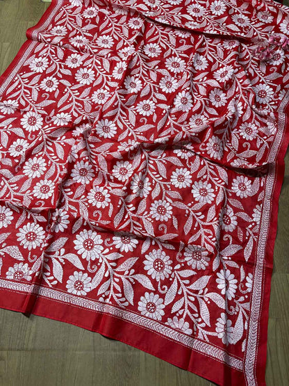 Stunning Pink Plain Silk Suit With Red Hand Embroidered Flower Design Kantha Pure Silk Dupatta - Luxurion World