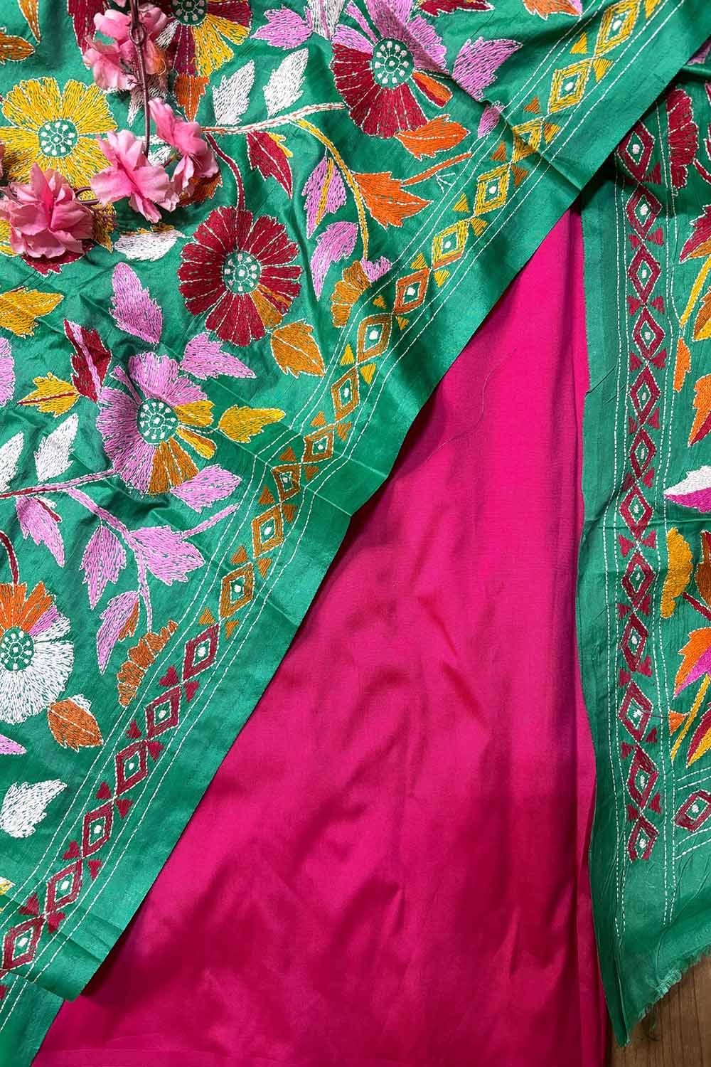 Pink Plain Silk Suit With Green Hand Embroidered Flower Design Kantha Pure Silk Dupatta - Luxurion World