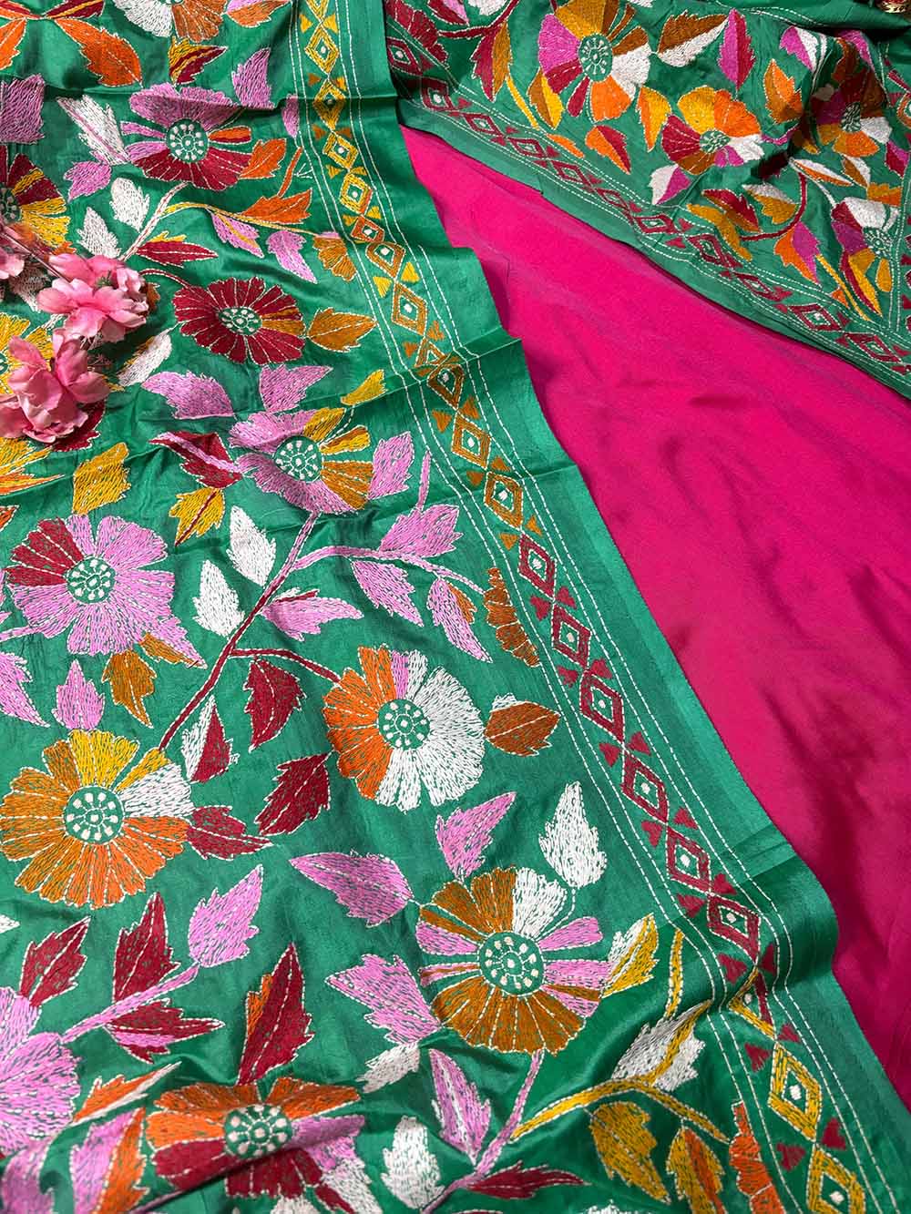 Pink Plain Silk Suit With Green Hand Embroidered Flower Design Kantha Pure Silk Dupatta - Luxurion World