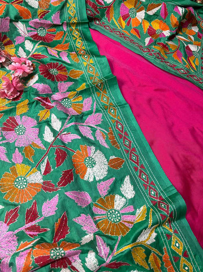 Pink Plain Silk Suit With Green Hand Embroidered Flower Design Kantha Pure Silk Dupatta - Luxurion World
