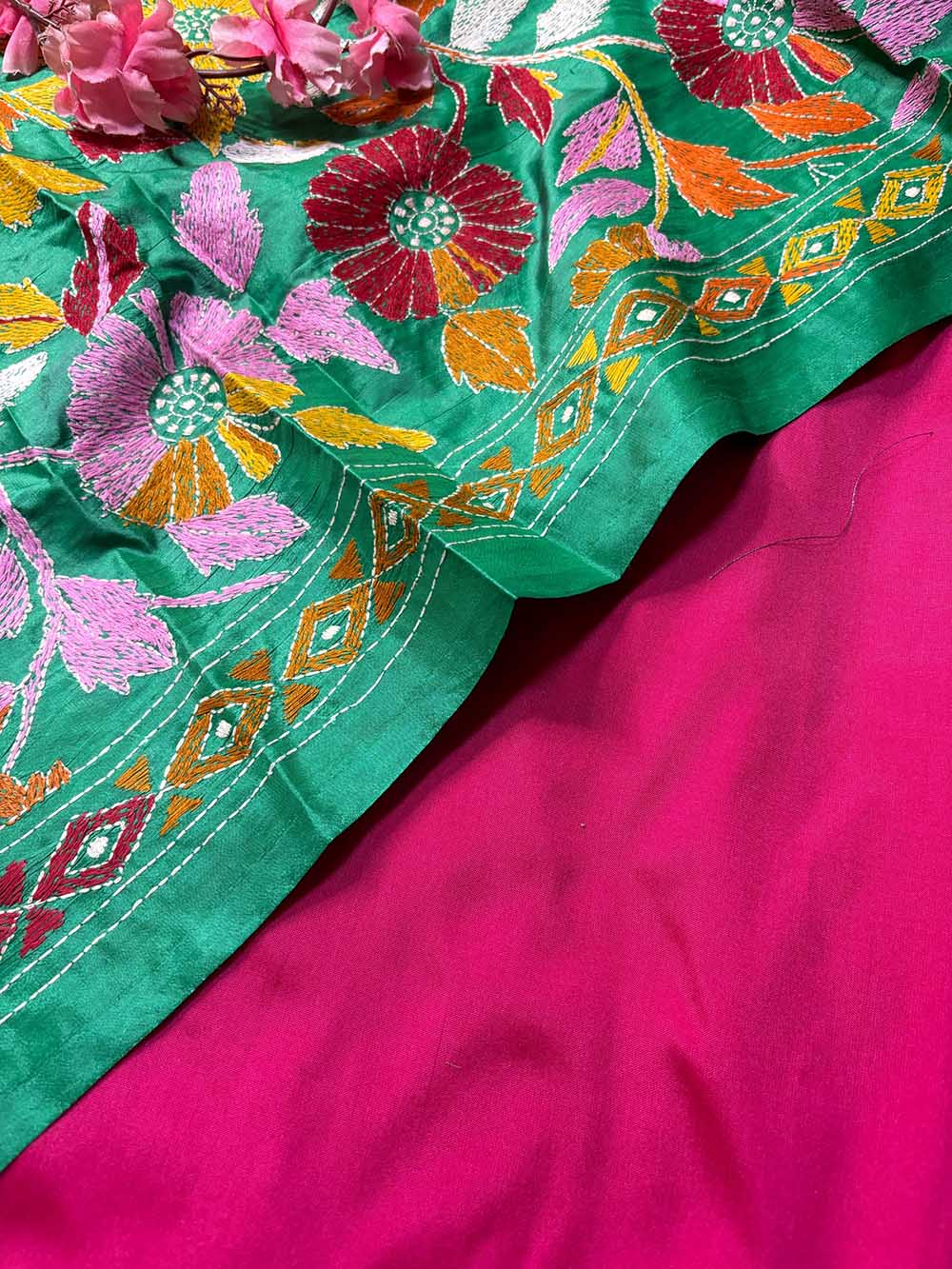 Pink Plain Silk Suit With Green Hand Embroidered Flower Design Kantha Pure Silk Dupatta - Luxurion World