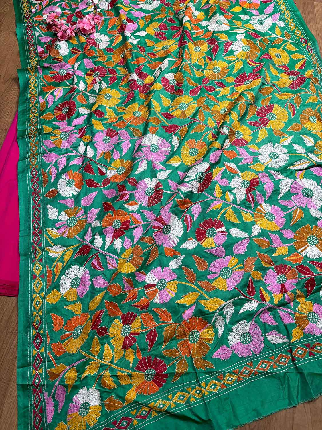 Pink Plain Silk Suit With Green Hand Embroidered Flower Design Kantha Pure Silk Dupatta - Luxurion World