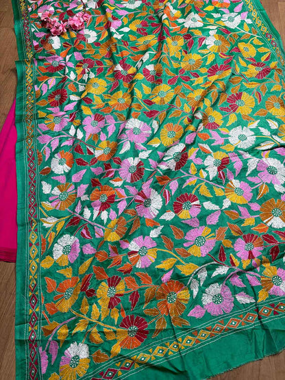Pink Plain Silk Suit With Green Hand Embroidered Flower Design Kantha Pure Silk Dupatta - Luxurion World