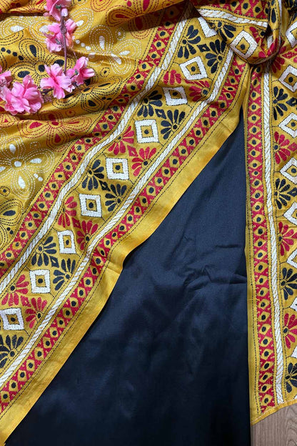 Black Plain Silk Suit With Yellow Hand Embroidered Flower Design Kantha Pure Silk Dupatta - Luxurion World