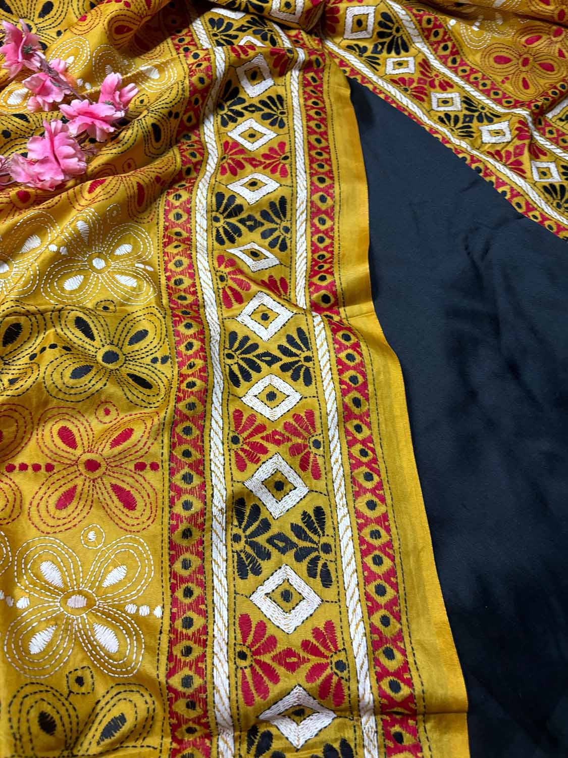 Black Plain Silk Suit With Yellow Hand Embroidered Flower Design Kantha Pure Silk Dupatta - Luxurion World