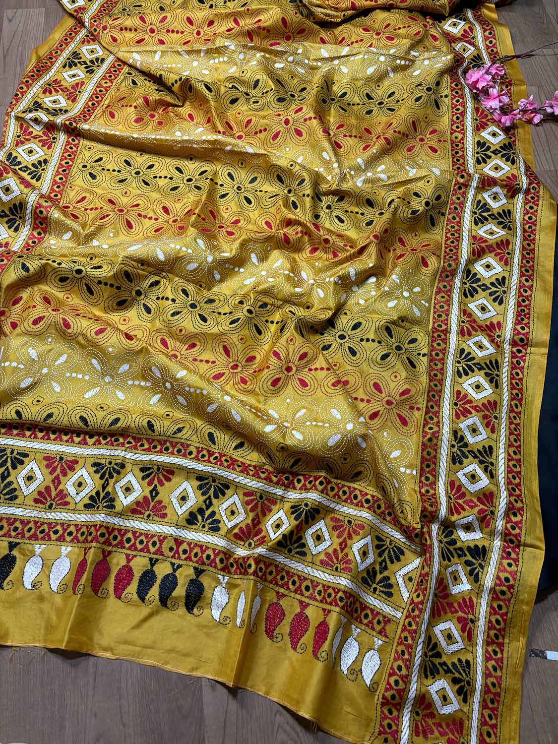 Black Plain Silk Suit With Yellow Hand Embroidered Flower Design Kantha Pure Silk Dupatta - Luxurion World