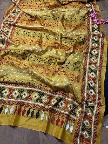 Black Plain Silk Suit With Yellow Hand Embroidered Flower Design Kantha Pure Silk Dupatta - Luxurion World