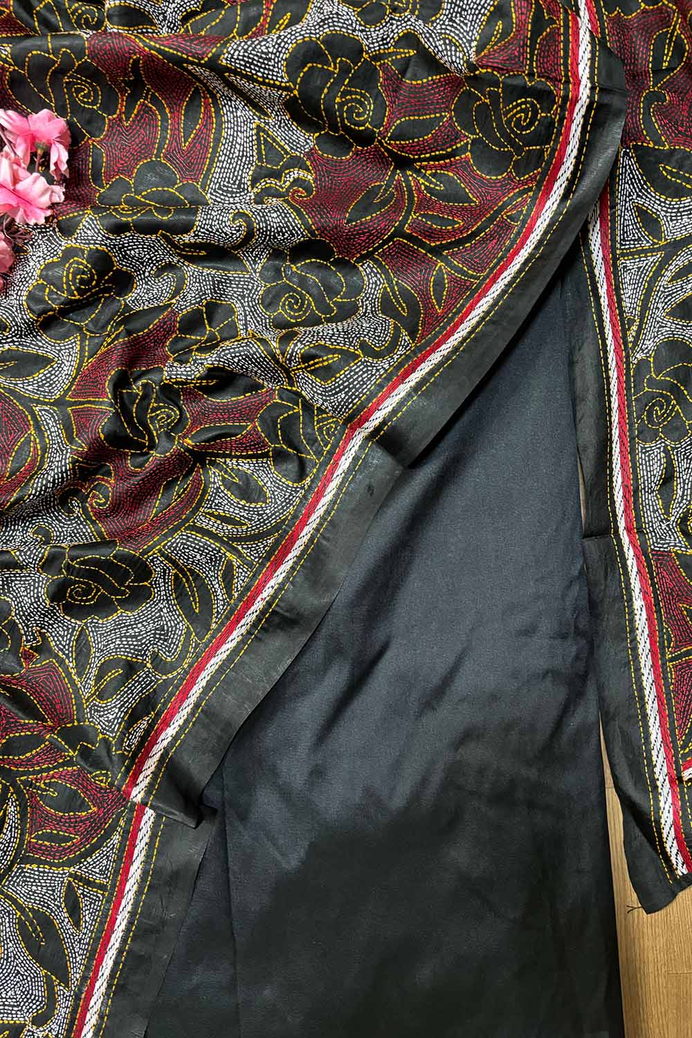 Black Plain Silk Suit With Black Hand Embroidered Reversible Kantha Pure Silk Dupatta - Luxurion World