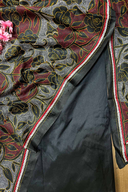 Black Plain Silk Suit With Black Hand Embroidered Reversible Kantha Pure Silk Dupatta - Luxurion World