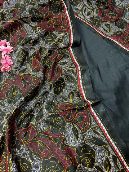 Black Plain Silk Suit With Black Hand Embroidered Reversible Kantha Pure Silk Dupatta - Luxurion World