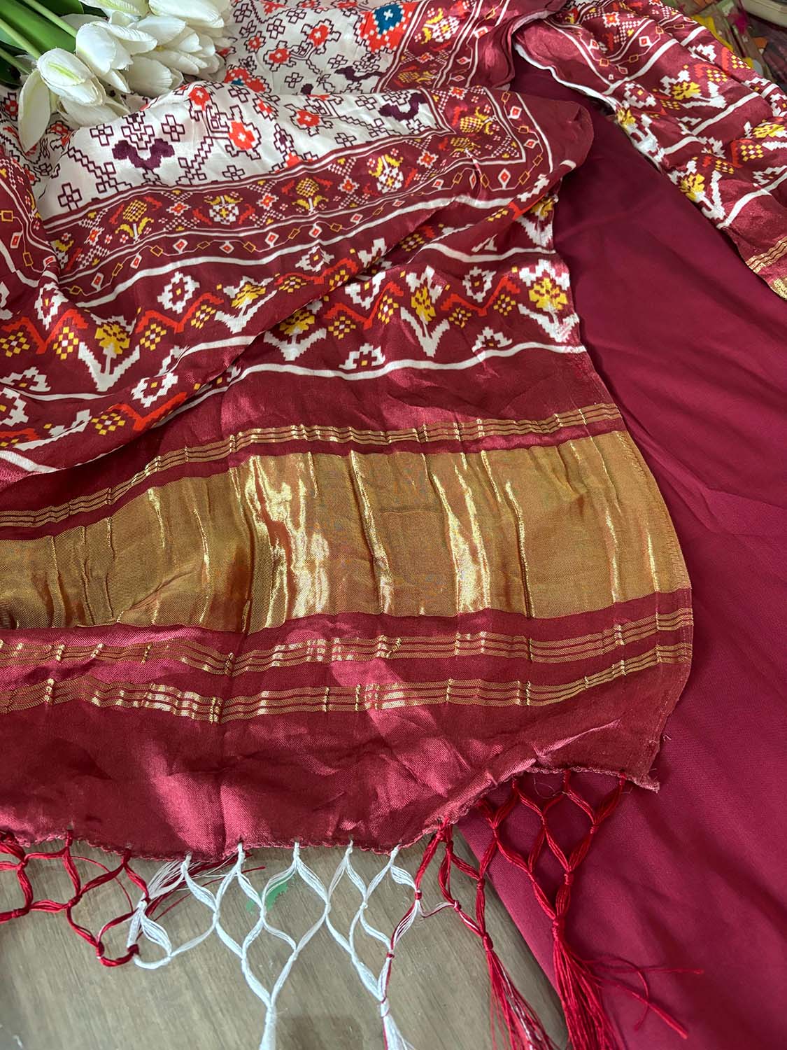 Maroon Plain Silk Suit With Multicolor Digital Printed Patola Design Modal Silk Dupatta - Luxurion World