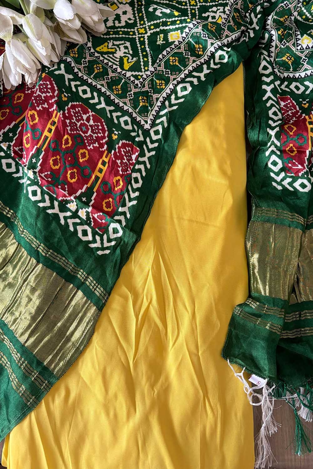 Yellow Plain Silk Suit With Green Digital Printed Patola Design Modal Silk Dupatt - Luxurion World