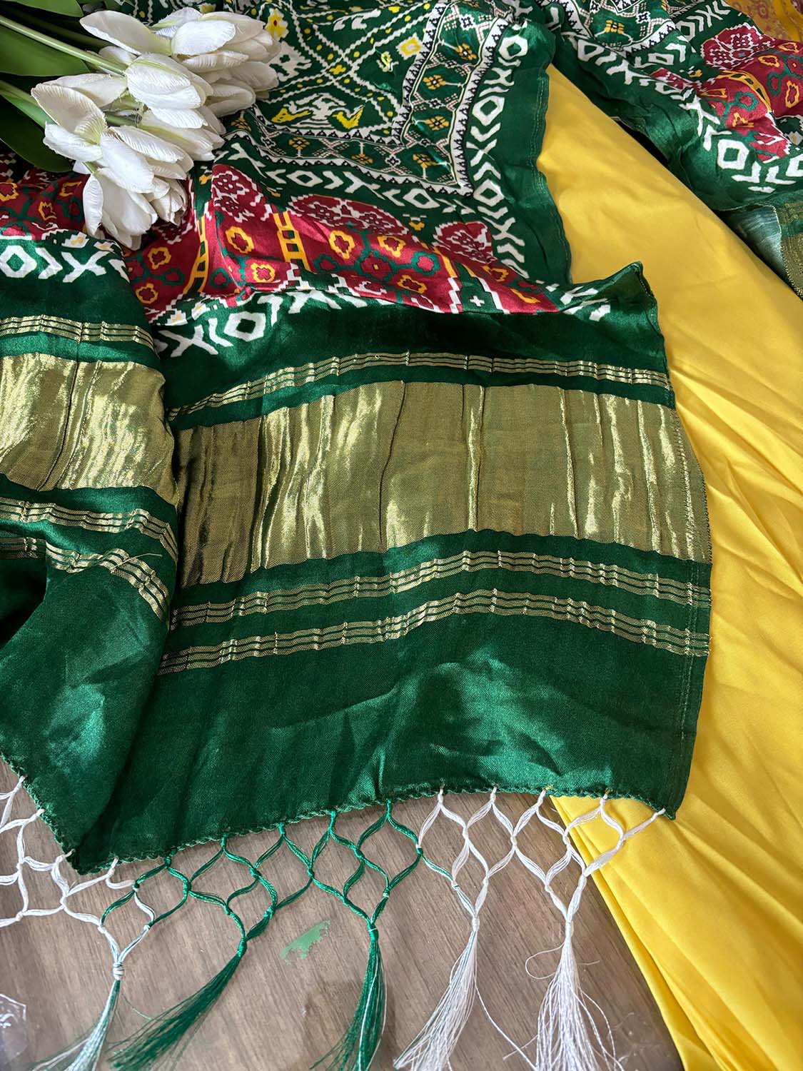Yellow Plain Silk Suit With Green Digital Printed Patola Design Modal Silk Dupatt - Luxurion World