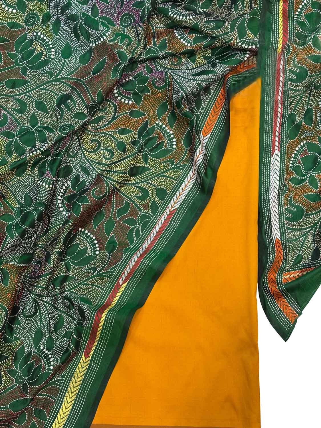 Yellow Plain Silk Suit With Hand Embroidered Kantha Pure Bangalore Silk Dupatta - Luxurion World