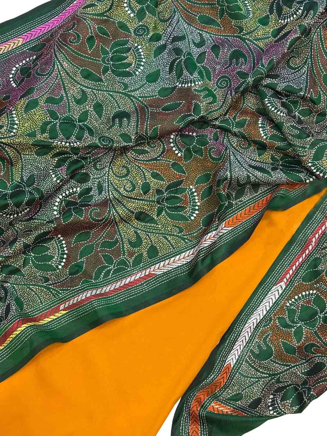 Yellow Plain Silk Suit With Hand Embroidered Kantha Pure Bangalore Silk Dupatta - Luxurion World