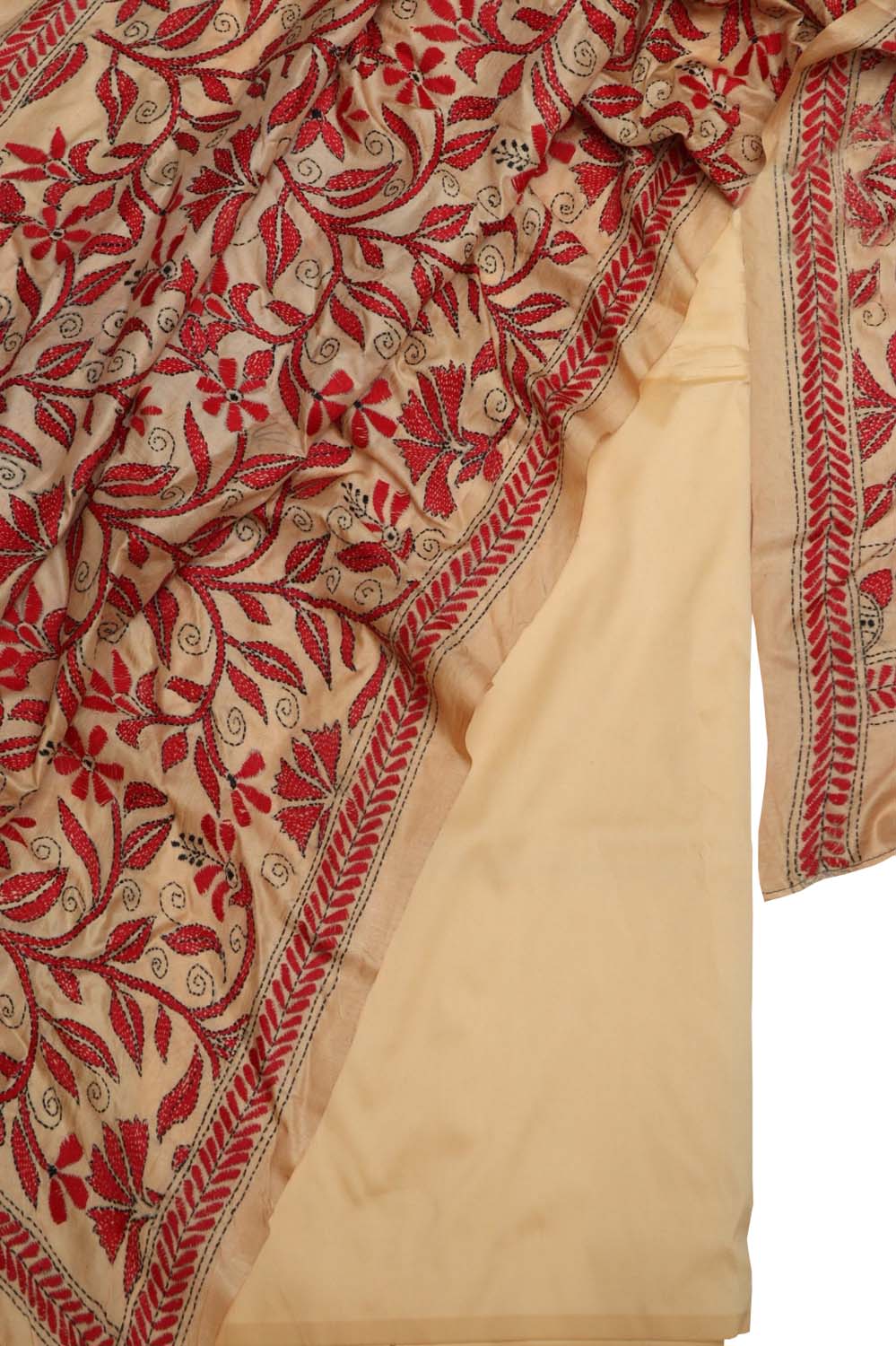Cream Plain Silk Suit With Hand Embroidered Kantha Pure Bangalore Silk Dupatta - Luxurion World